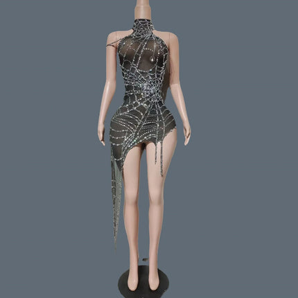 Sparkly Silver Rhinestone Spider Web Mesh Stage Performance Costume Set