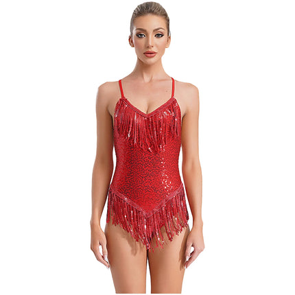 Sequins Fringed Cross Back Latin Dance Leotard Sleeveless V-Neck Bodysuit