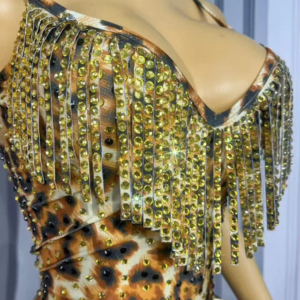 Leopard Print Crystal Sling Showgirl Mini Dress – Glamour Stage Performance Costume