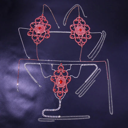 Exaggerated Red Rhinestone Floral Body Chain & Chest Harness Set