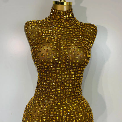 Sparkly Rhinestone Sleeveless Maxi Long Dress See-Through Sheer Mesh Stage Outfit