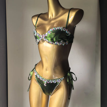 Emerald Green Rhinestone String Bikini Set Crystal Costume Set Beach Pool Party