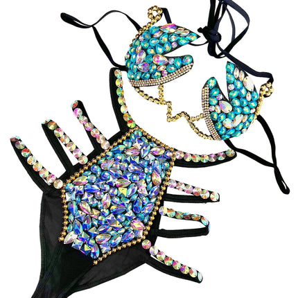 Sparkly Samba Carnival Stone Wire Bra & Bikini Bottom Set Stage Costume
