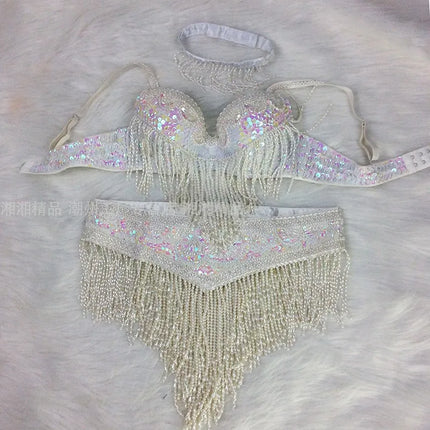 The Stardust Cabaret 2-Piece Ensemble – Luxury Sequin Fringe Bra & Belt Set