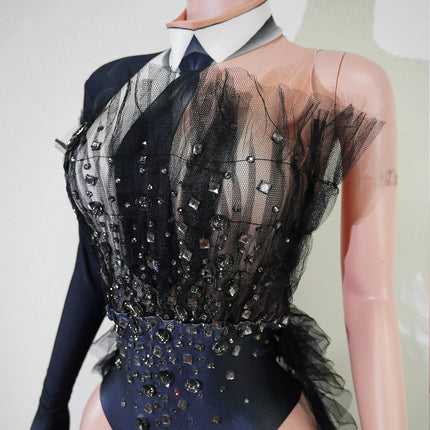 Black Rhinestone One-Shoulder Bodysuit & Trailing Tulle Train Stage Costume Set
