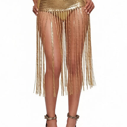 Metallic Sequin Tassel Fringe Maxi Skirt Sparkly Festival Stage Dance Cover-Up