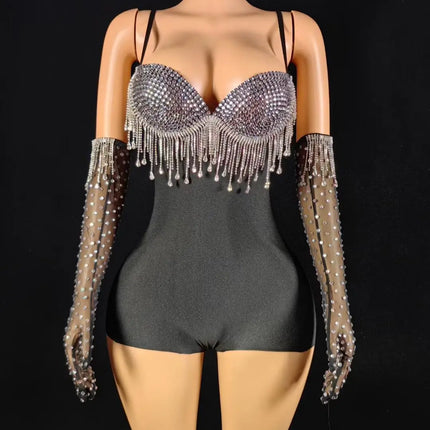 Black Spandex Crystal Tassel Bodysuit with Matching Gloves Stage Performance Set