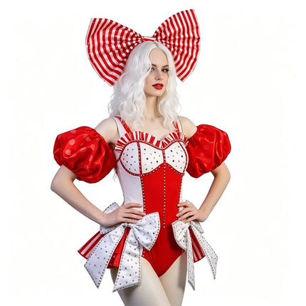 Red White Bow Rhinestones Bodysuit Women Candy Striped Headgear Costume Nightclub Dancer Team Performance Outfit