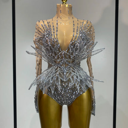 Luxury Shining Diamond See-Through Mesh Bodysuit Stage Performance Jumpsuit