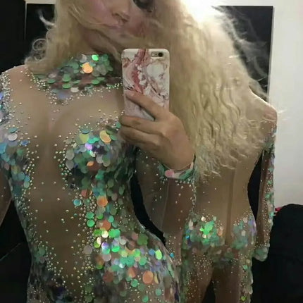 Mermaid Scale Sequin & Crystal Catsuit Illusion Mesh Long-Sleeve Jumpsuit Stage Costume