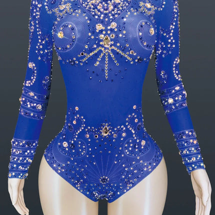 Sparkly Crystals Long-Sleeve Mesh Bodysuit Stage Performance Costume