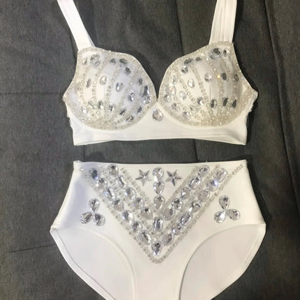 Rhinestone Bikini Bra & High-Waist Shorts 2-Piece Performance Costume Set
