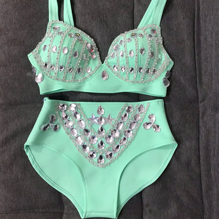 Rhinestone Bikini Bra & High-Waist Shorts 2-Piece Performance Costume Set
