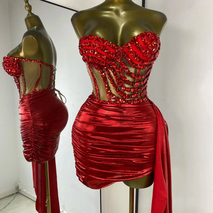 Rhinestone Tube Bustier Corset Top & Bronzing Mini Skirt 2-Piece Performance Set