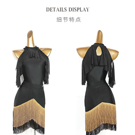 Black High-Neck Short-Sleeve Bodysuit & Gold Fringe Skirt Latin Dance Costume Set