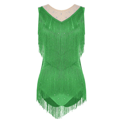 Sparkly Rhinestone & Tassel Fringe Latin Dance Leotard Crew Neck Bodysuit