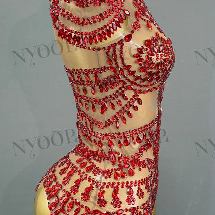 The Stardust Mirage Transparent Bodysuit – Luxury Rhinestone Mesh Stage Wear Leotard