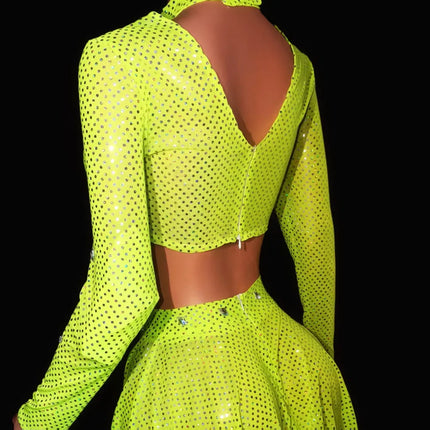 Neon Lime Rhinestone Crop Top & Fringe Mini Skirt 2-Piece Stage Costume Set