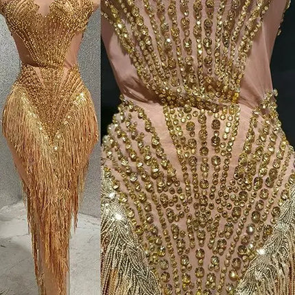 Sparkly Rhinestone, Pearl & Tassel Transparent Performance Dress Stage Costume