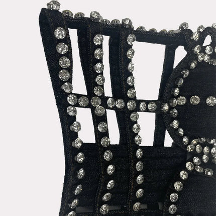Studded Denim Bustier Crop Top Studded Punk Style Stage Costume Top