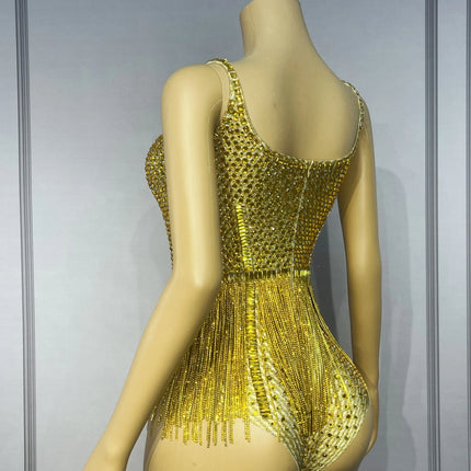 Gold Crystal Rhinestone Chain High-Cut Stage Performance Bodysuit Leotard