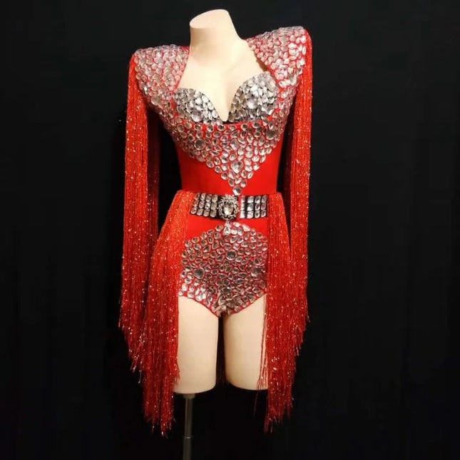 The Stardust Cascade Fringe Bodysuit – Luxury Rhinestone Long-Sleeve Showgirl Costume
