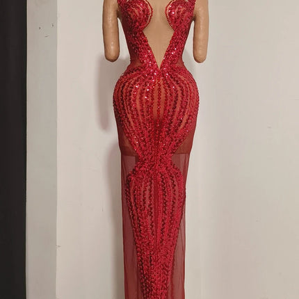 Sparkly Red Rhinestone & Sequin Sleeveless Sheer Mini/Long Dress Stage Costume