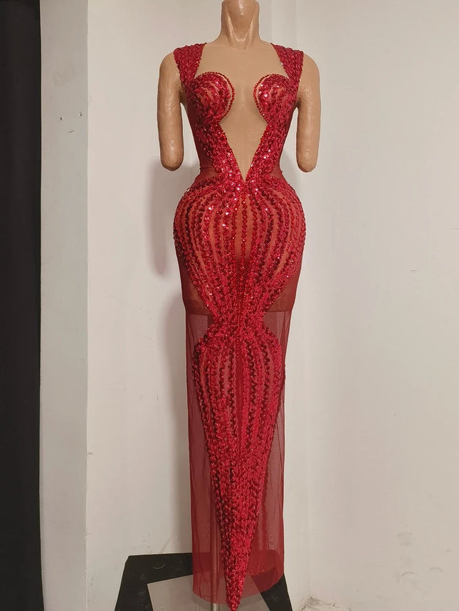 Sparkly Red Rhinestone & Sequin Sleeveless Sheer Mini/Long Dress Stage Costume