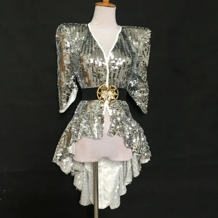 Sequined Shoulder Pad Tuxedo Leotard & Stage Performance Costume