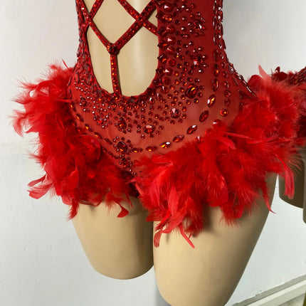 The Stardust Follies Feather Bodysuit – Luxury Rhinestone & Mesh Showgirl Costume