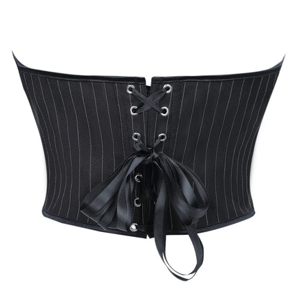 Black Striped Overbust Corset Top Zipper Front Lace-Up Bustier Body Shaper