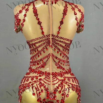 The Stardust Mirage Transparent Bodysuit – Luxury Rhinestone Mesh Stage Wear Leotard