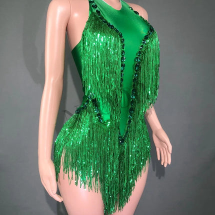 Sparkly Emerald Green Rhinestone Sequin Fringe Bodysuit Backless Stage Leotard
