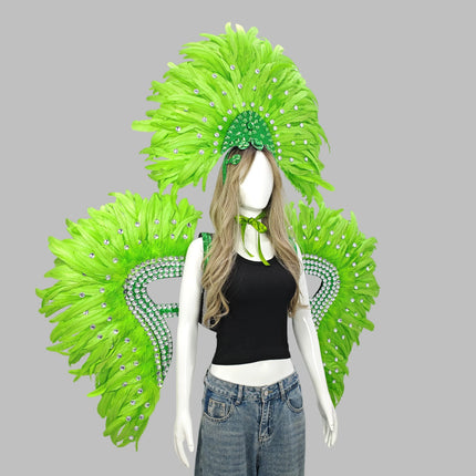 Carnival Elegant Ladies Feather Headdress Wings Two-Piece Role Play Catwalk Halloween Masquerade Carnival Party Suit