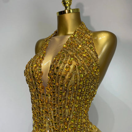 Gold Rhinestone Sheer Mesh Bodysuit Luxury Stage Performance Jumpsuit