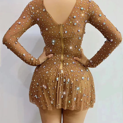 Transparent Rhinestone High-Collar Mini Dress & Stage Performance Costume