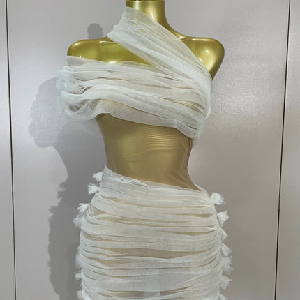 Vintage-Inspired White One-Shoulder Mesh Party Dress