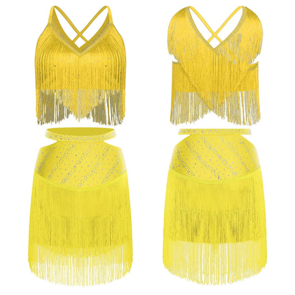 Sparkly Rhinestone & Tassel Fringe Two-Piece Latin Tango Dance Outfit Set