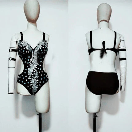 Silver Mirror Sequin Bodysuit & Dramatic Train Skirt Gogo Stage Costume Set