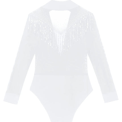 Men's Latin Salsa Sequin Tassel & Rhinestone V-Neck Performance Leotard Bodysuit