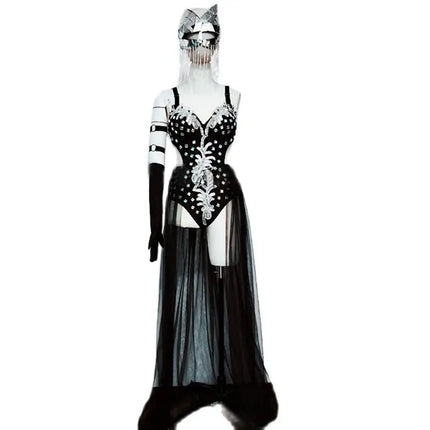 Silver Mirror Sequin Bodysuit & Dramatic Train Skirt Gogo Stage Costume Set