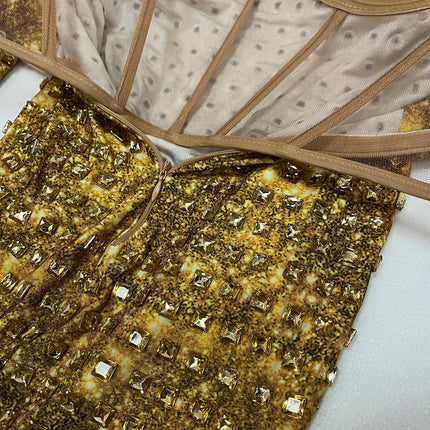 Vintage-Inspired Sparkly Rhinestones Gold Bodysuit Gloves Set