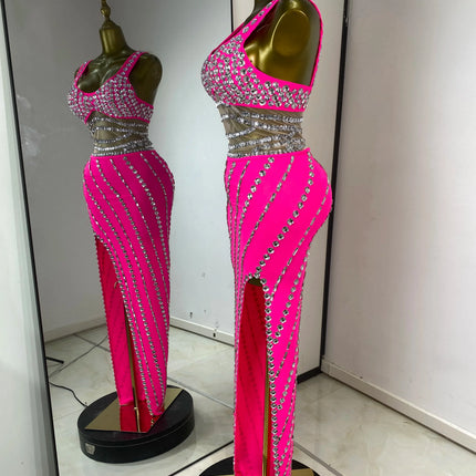 Hot Pink Rhinestone & Tulle Inset Open-Leg Maxi Evening Gown