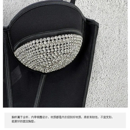 Rhinestone Mesh Denim Bustier Corset Crop Top Push-Up Party Bralette