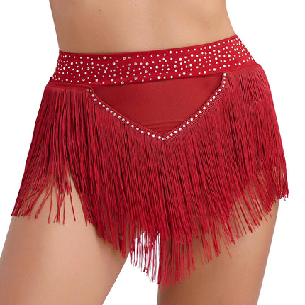 Rhinestone Tassel High-Waist Dance Shorts & Sheer Mesh Fringe Skirt