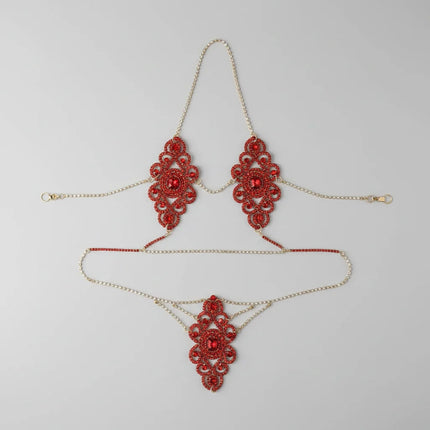 Exaggerated Red Rhinestone Floral Body Chain & Chest Harness Set