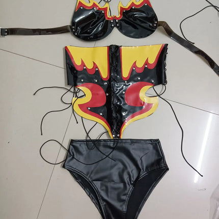 PU Leather Flame Bikini, Collar & Harness Shorts 3-Piece Gogo Performance Costume Set