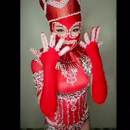 Pearl Rhinestone Bodysuit, Beaded Headpiece & Gloves 3-Piece Stage Costume Set