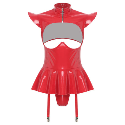Glossy Wet-Look Halter Romper Bodysuit with Flared Skirt Hem & Integrated Garters