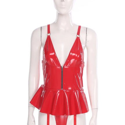 Glossy Wet-Look Halter Romper Bodysuit with Flared Skirt Hem & Integrated Garters